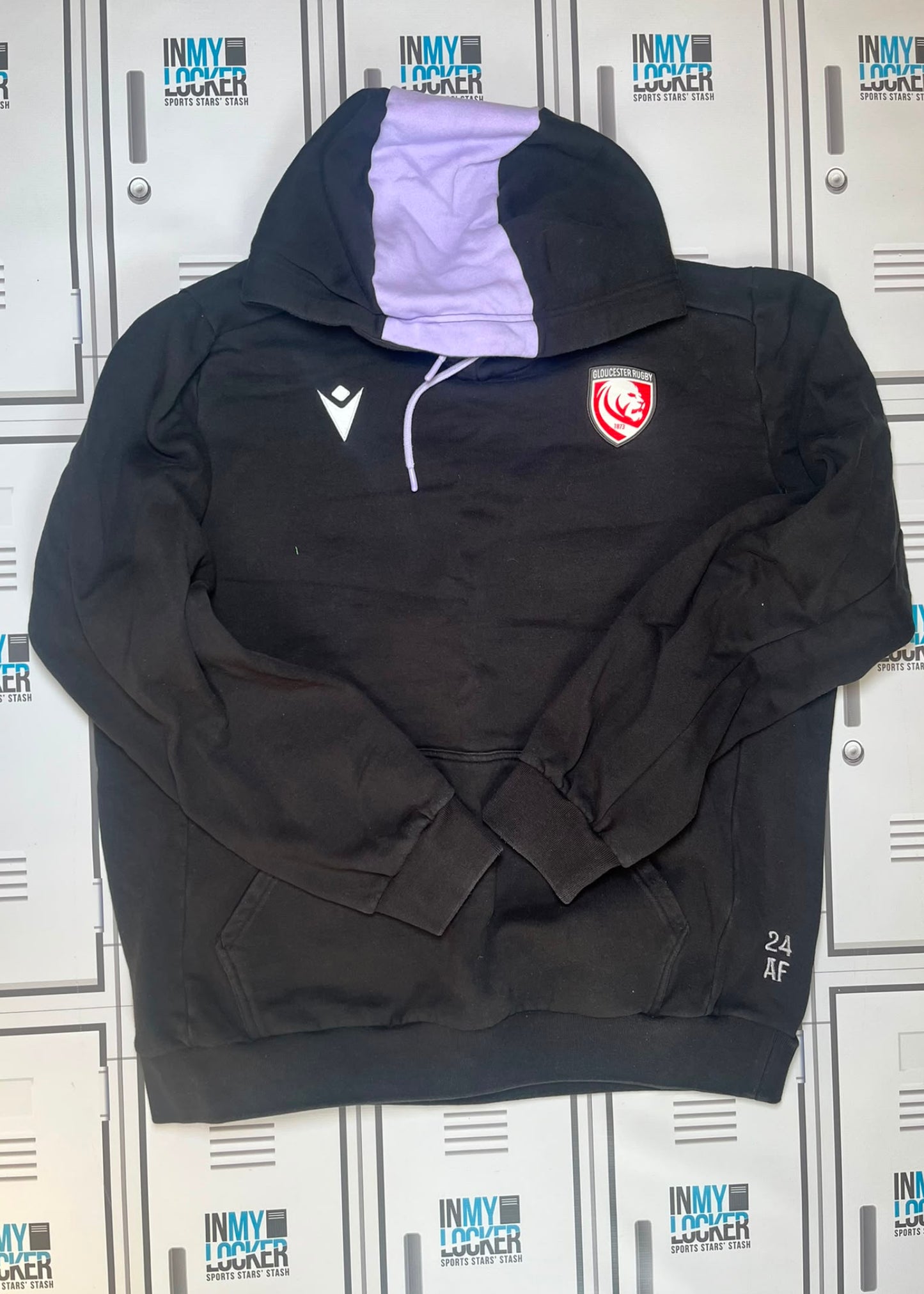 Afo Fasogbon - Gloucester Rugby Macron Leisure Hoodie Initialled AF and Numbered 24 [Black]
