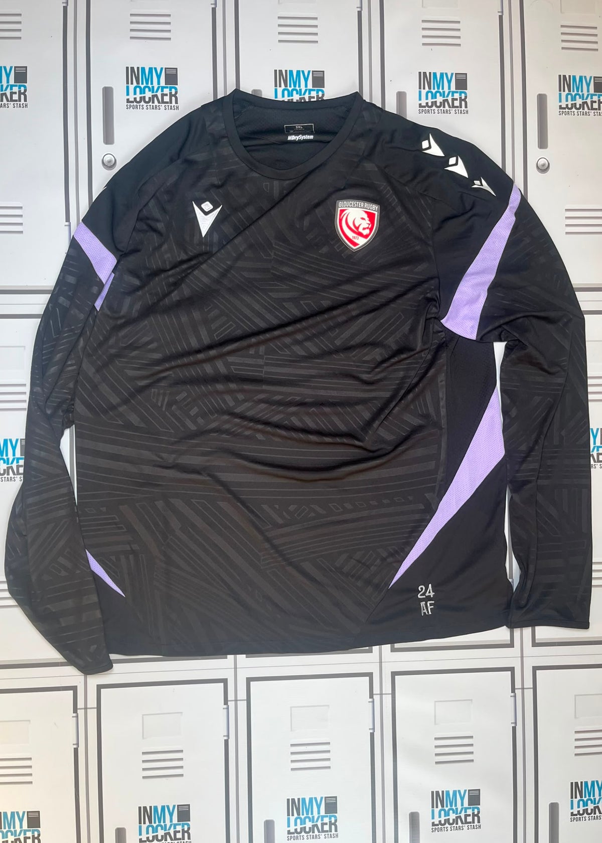 Afo Fasogbon - Gloucester Rugby Macron Long Sleeve Gym T-Shirt Initialled AF and Numbered 24 [Black]