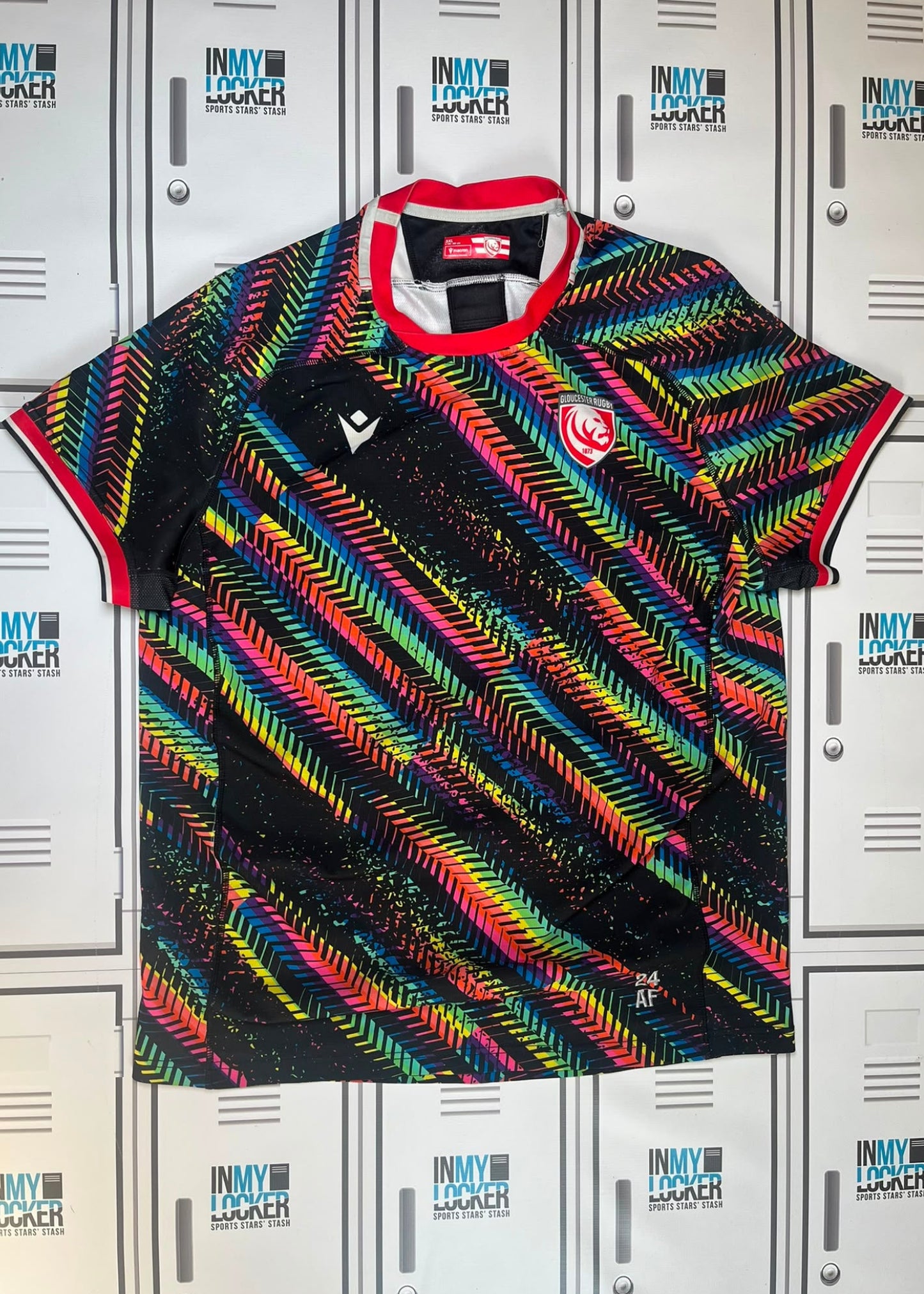 Afo Fasogbon - Gloucester Rugby Macron Training Shirt Initialled AF and Numbered 24 [Black and Multi-Coloured]