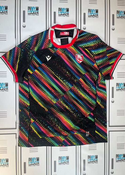 Afo Fasogbon - Gloucester Rugby Macron Training Shirt Initialled AF and Numbered 24 [Black and Multi-Coloured]