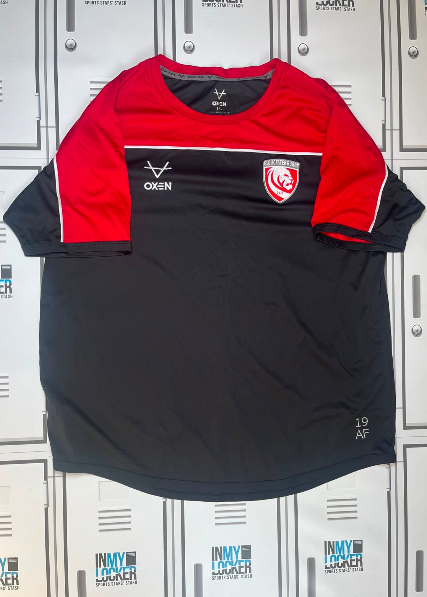 Afo Fasogbon - Gloucester Rugby Oxen Gym T-Shirt Initialled AF and Numbered 19 [Black and Red]