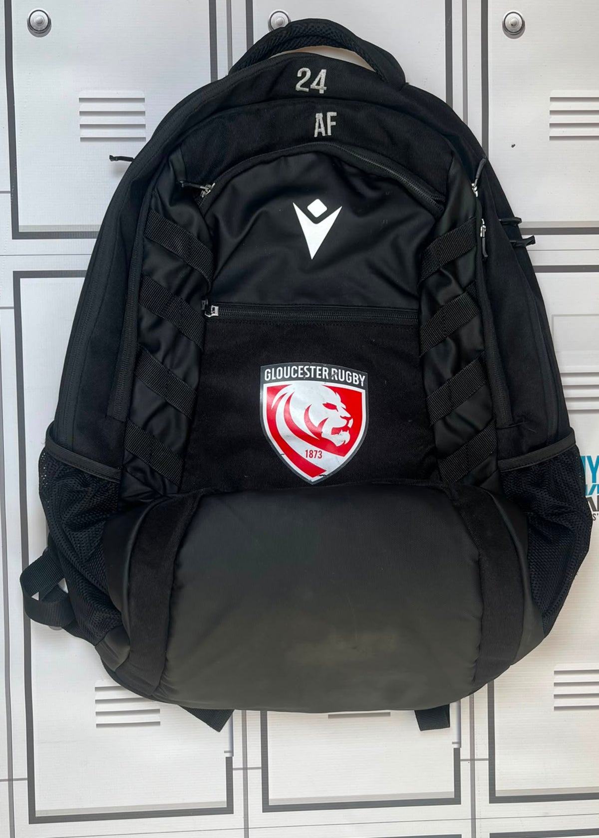 Afo Fasogbon - Gloucester Rugby Macron Rucksack Initialled AF and Numbered 24 [Black]