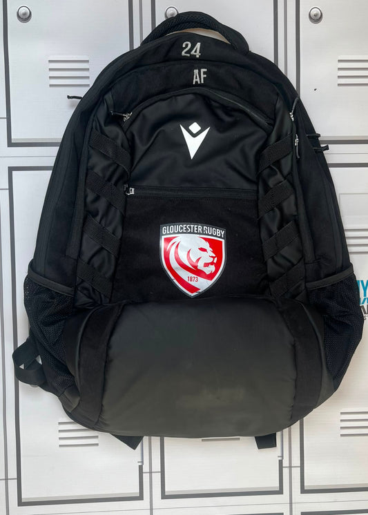 Afo Fasogbon - Gloucester Rugby Macron Rucksack Initialled AF and Numbered 24 [Black]