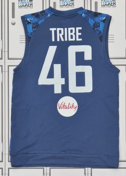 Asa Tribe - England Cricket Castore Sleeveless Playing Jumper Named Tribe and Numbered 46 [Blue]