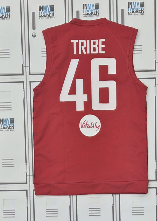 Asa Tribe - England Cricket Castore Sleeveless Playing Jumper Named Tribe and Numbered 46 [Red]