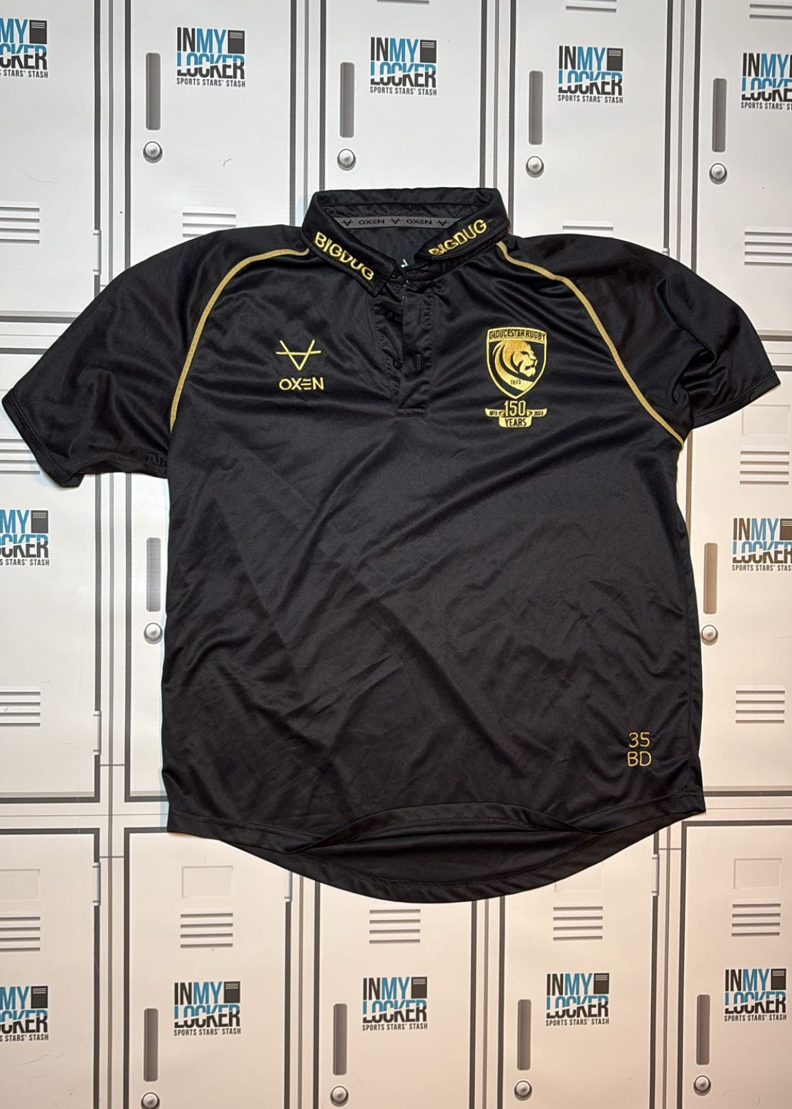 Ben Donnell - Oxen Gloucester Rugby Polo Training Shirt Initialled BD and Numbered 35 [Black and Gold]