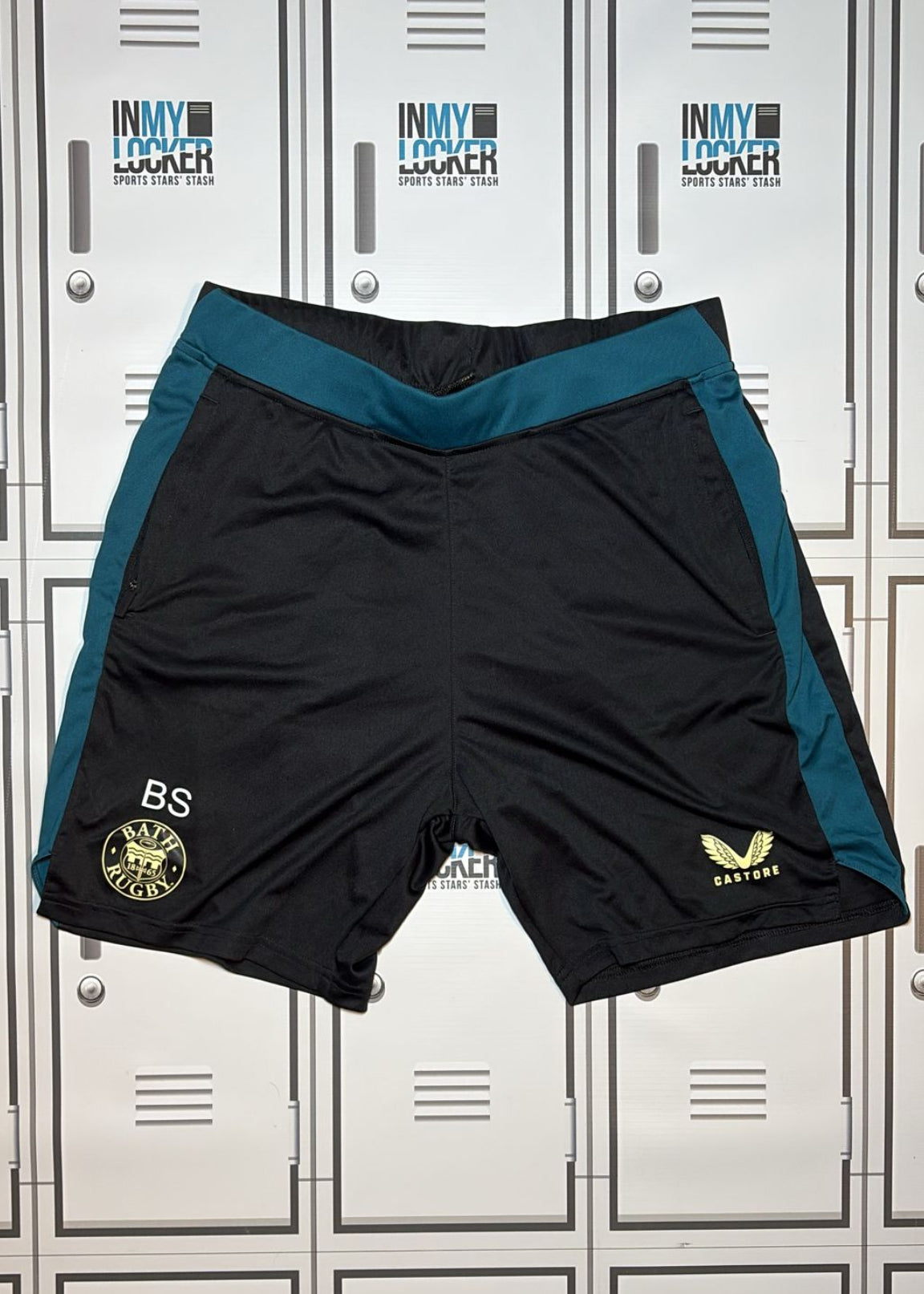 Ben Spencer - Bath Rugby Castore Gym Shorts Initialled BS [Black and Green]