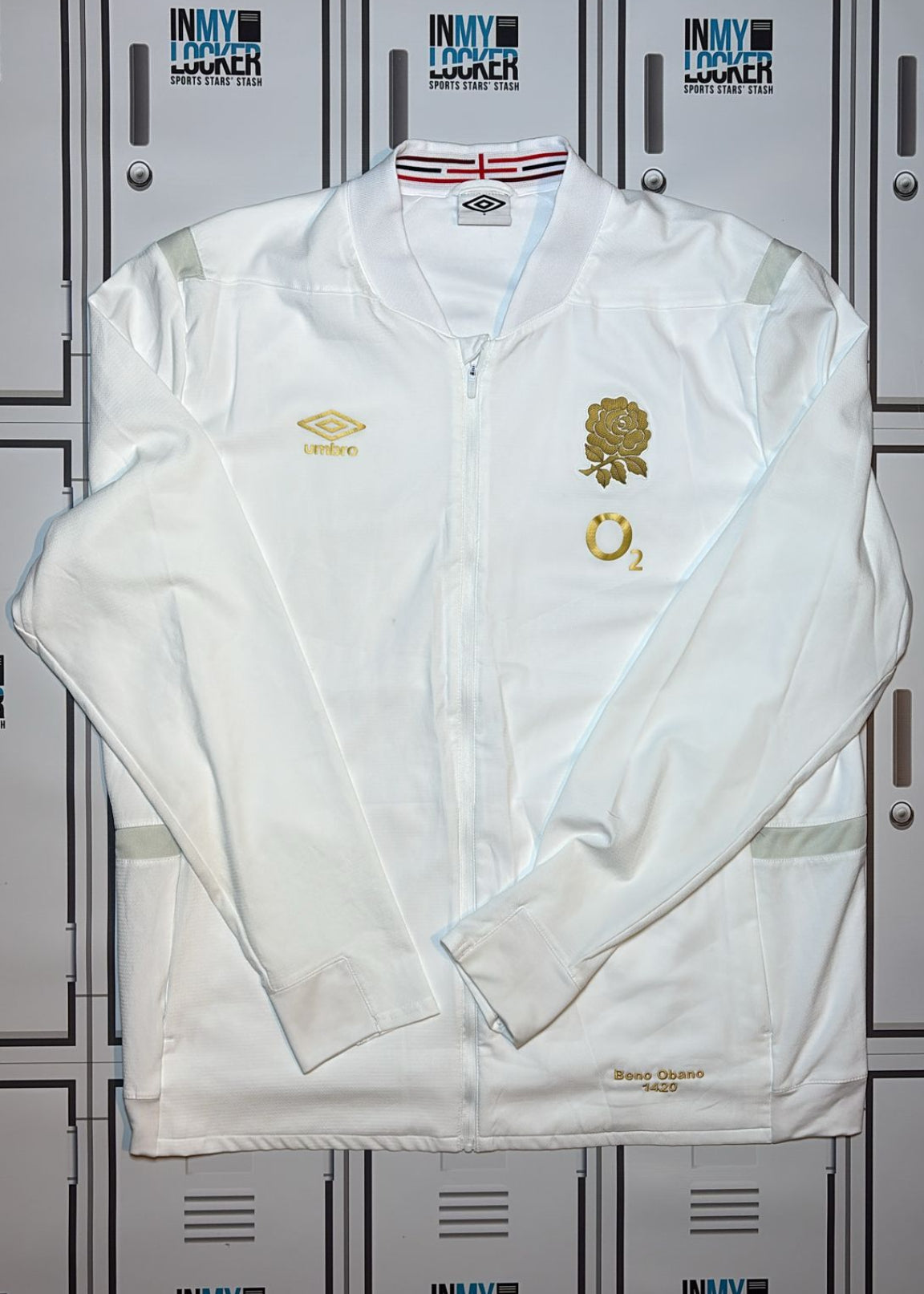 Beno Obano - England Rugby Anthem Jacket Named Beno Obano and Numbered 1420 [White with Gold Rose]