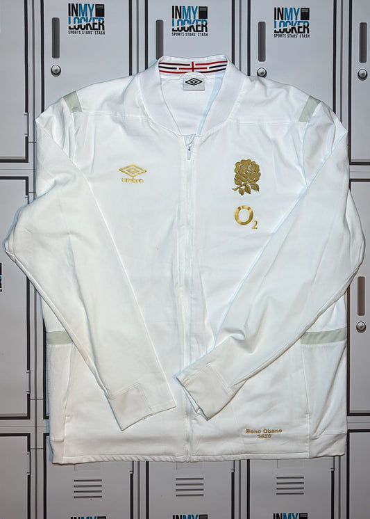 Beno Obano - England Rugby Anthem Jacket Named Beno Obano and Numbered 1420 [White with Gold Rose]