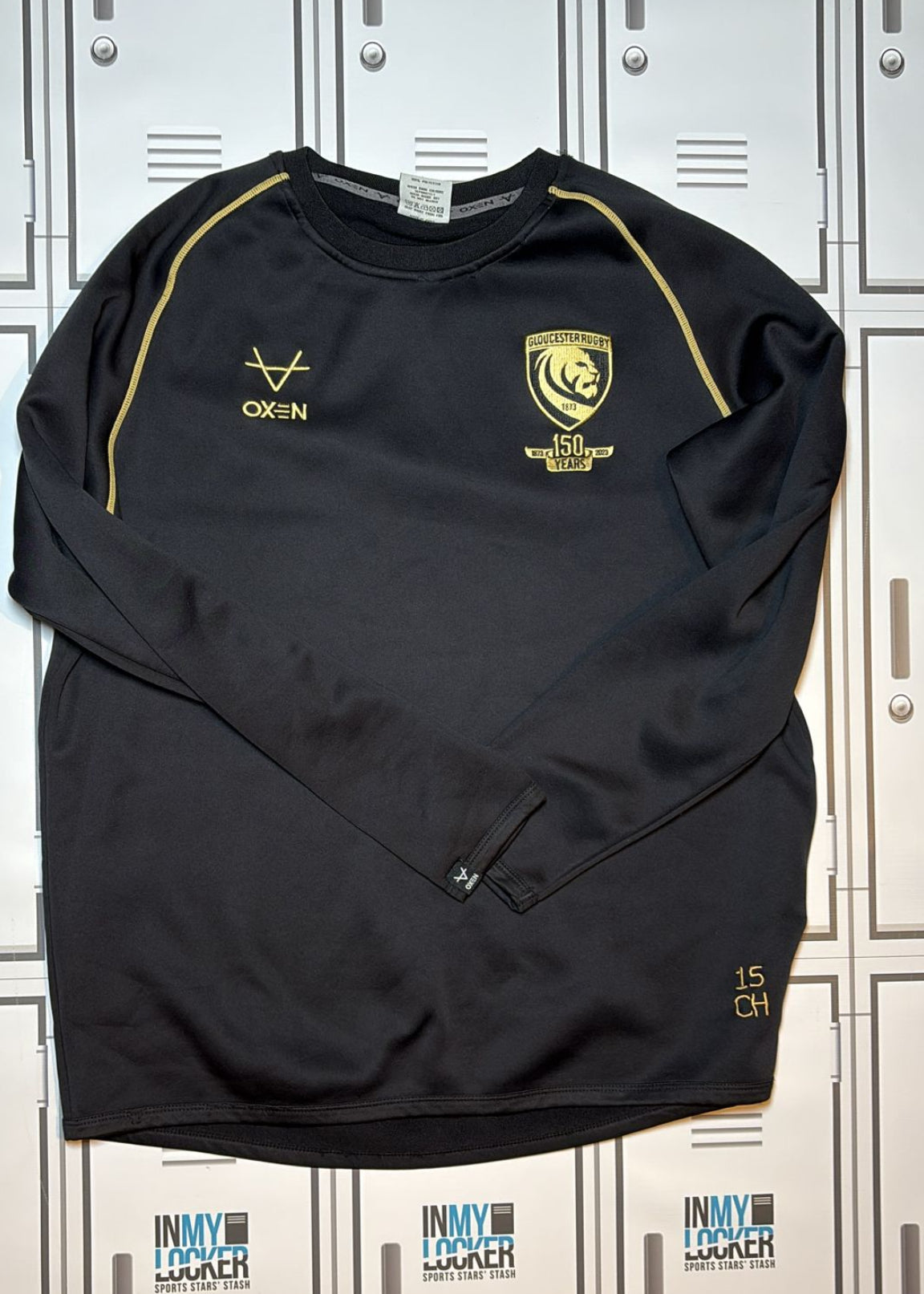 Chris Harris - Gloucester Rugby Oxen Fleece Jumper Initialled CH and Numbered 15 [Black and Gold]