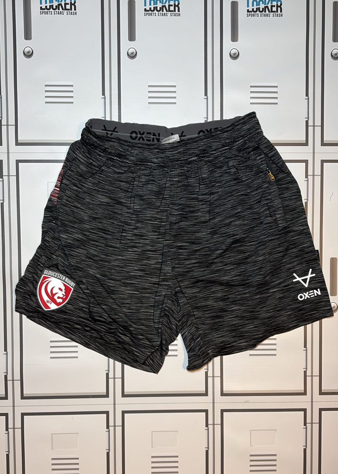 Chris Harris - Gloucester Rugby Oxen Gym Shorts Initialled CH and Numbered 16 [Grey and Black]