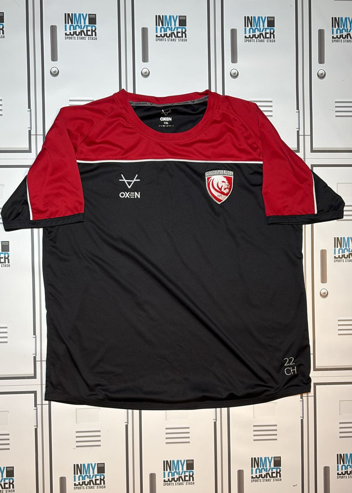 Chris Harris - Gloucester Rugby Oxen Gym T-Shirt Initialled CH and Numbered 22 [Black and Red]