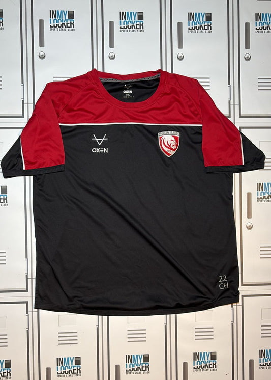 Chris Harris - Gloucester Rugby Oxen Gym T-Shirt Initialled CH and Numbered 22 [Black and Red]