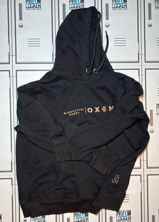 Chris Harris - Gloucester Rugby Oxen Leisure Hoodie Initialled CH and Numbered 15 [Black and Gold]