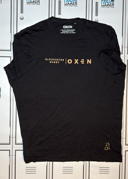 Chris Harris - Gloucester Rugby Oxen Leisure T-Shirt Initialled CH and Numbered 15 [Black and Gold]