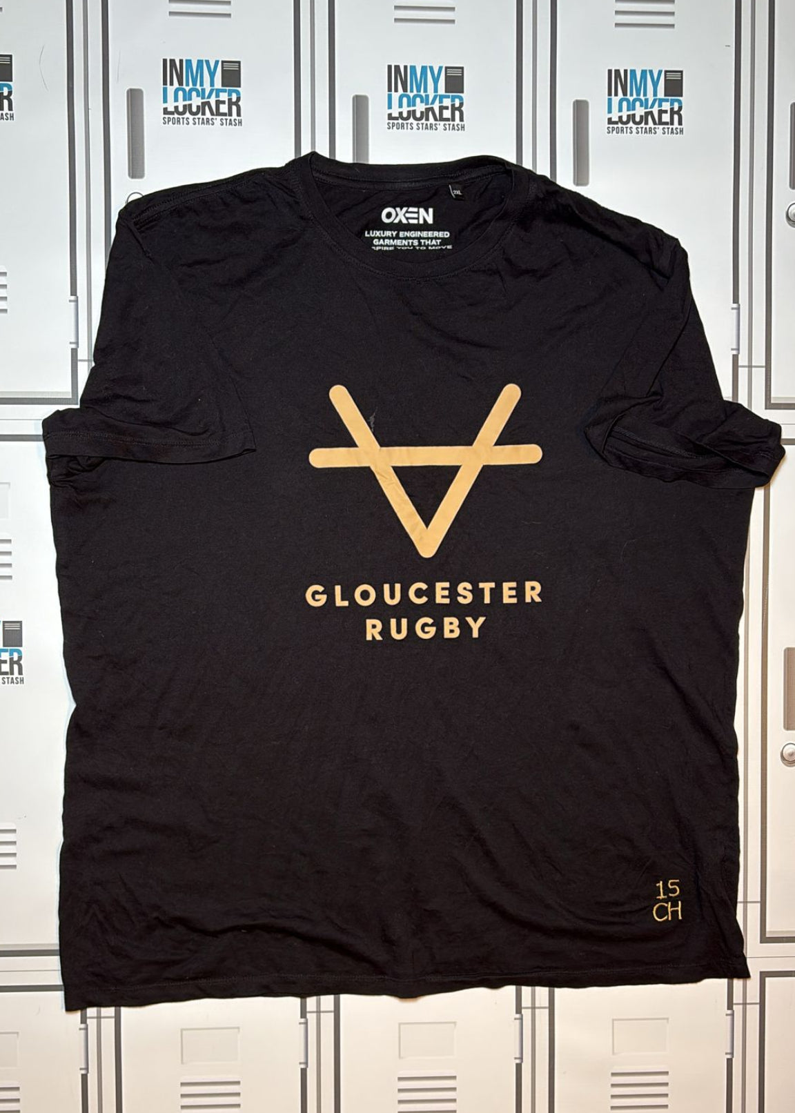 Chris Harris - Gloucester Rugby Oxen Leisure T-Shirt  Initialled CH and Numbered 15 [Black and Gold]