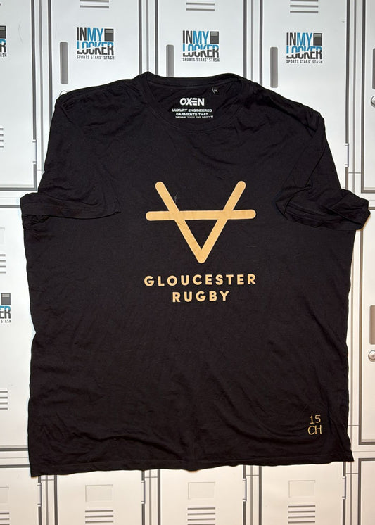 Chris Harris - Gloucester Rugby Oxen Leisure T-Shirt  Initialled CH and Numbered 15 [Black and Gold]