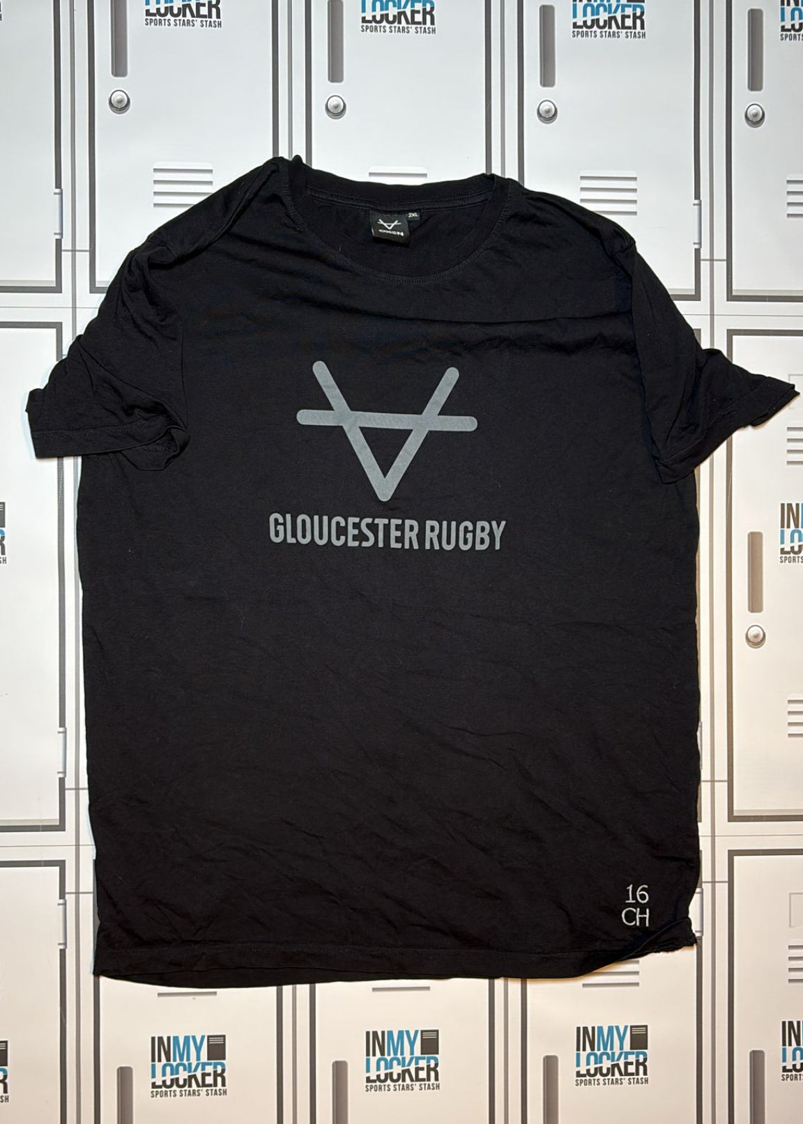 Chris Harris - Gloucester Rugby Oxen Leisure T-Shirt  Initialled CH and Numbered 16 [Black and Grey]