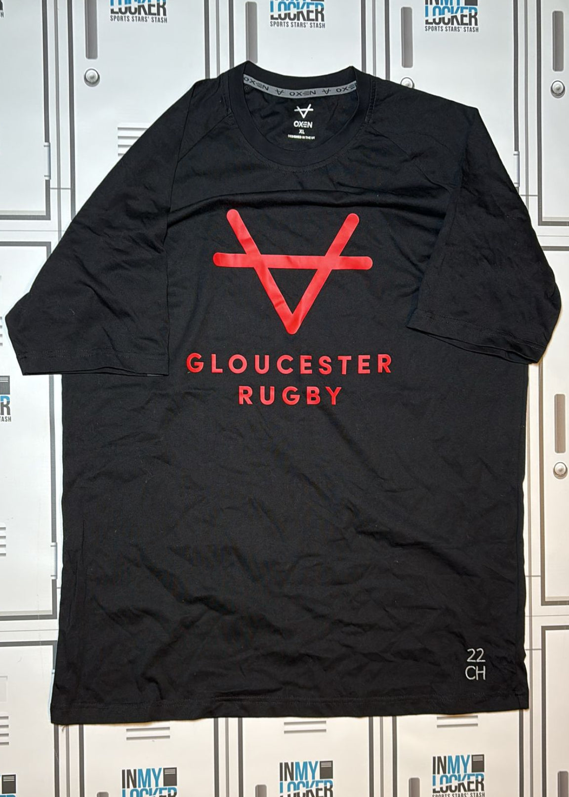 Chris Harris - Gloucester Rugby Oxen Leisure T-Shirt Initialled CH and Numbered 22 [Black and Red]