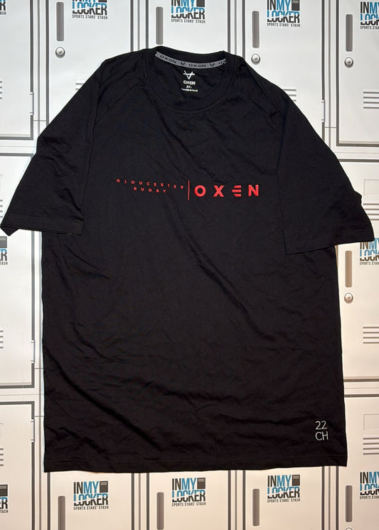 Chris Harris - Gloucester Rugby Oxen Leisure T-Shirt  Initialled CH and Numbered 22 [Black and Red]