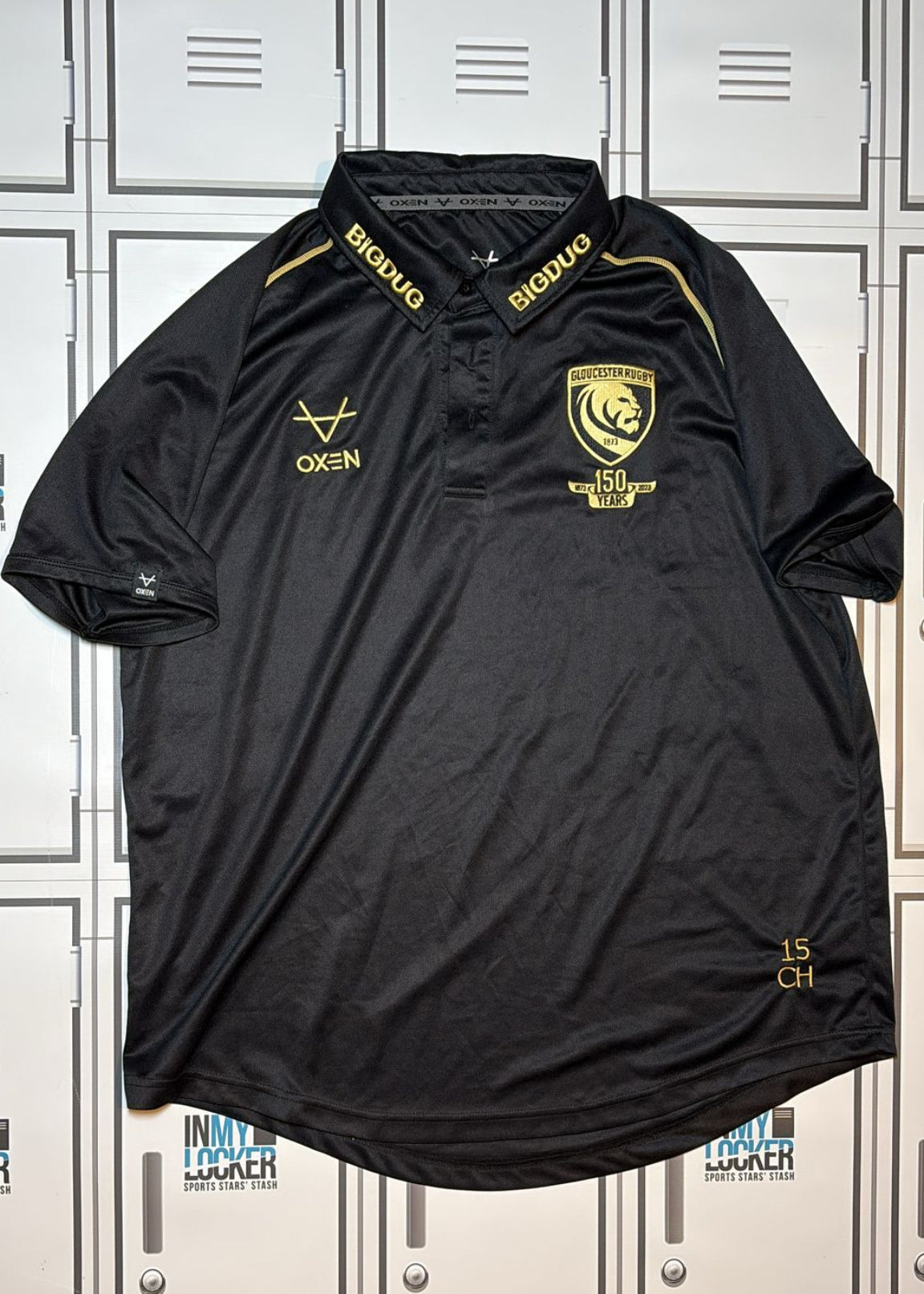 Chris Harris - Gloucester Rugby Oxen Techincal Polo Shirt Initialled CH and Numbered 15 [Black and Gold]