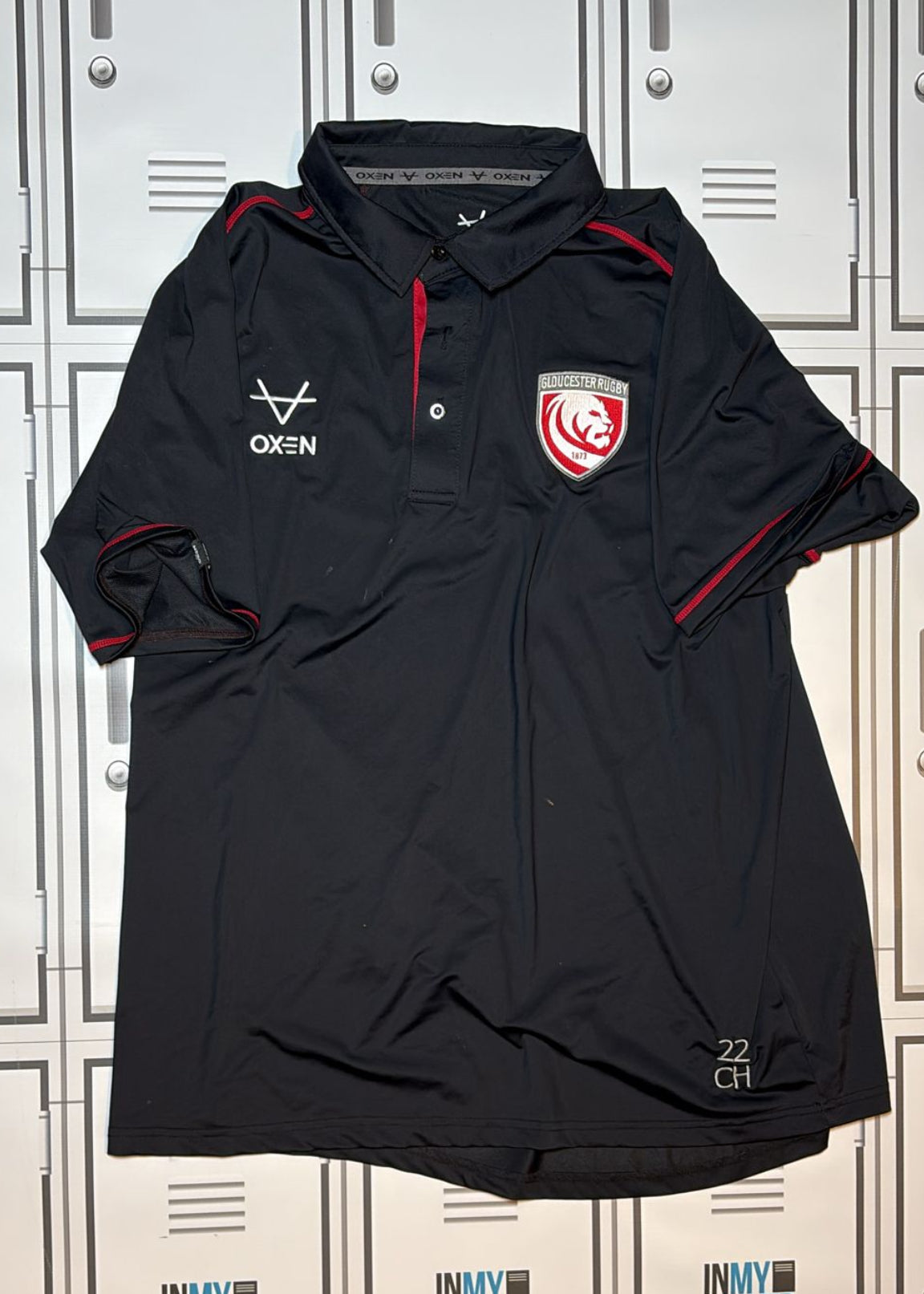 Chris Harris - Gloucester Rugby Oxen Technical Polo Shirt Initialled CH and Numbered 22 [Black]