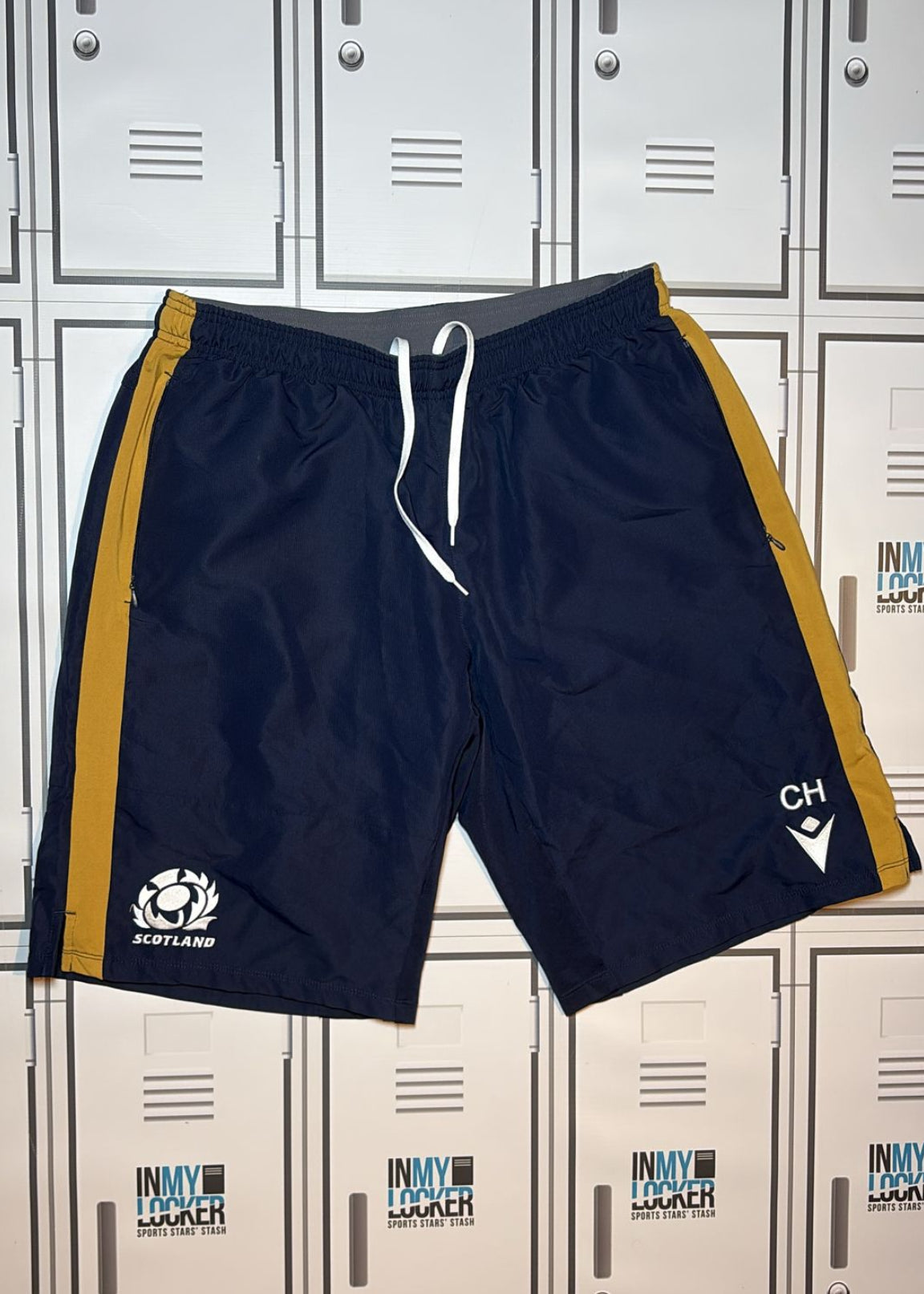 Chris Harris - Scotland Rugby Macron Gym Shorts initialled CH [Navy and Gold]