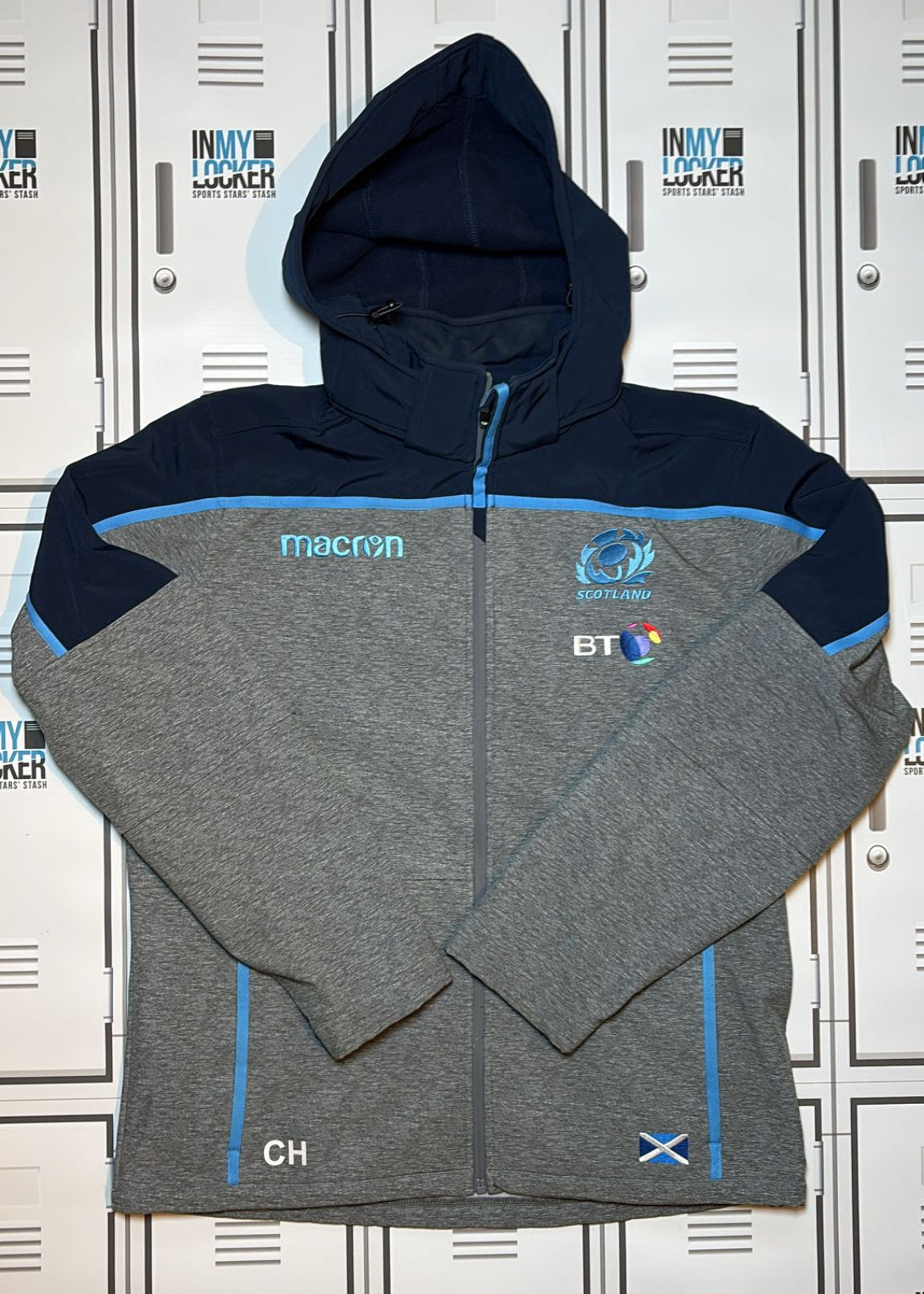 Chris Harris - Scotland Rugby Macron Hooded Full Zip Jacket Initialled CH [Navy and Grey]