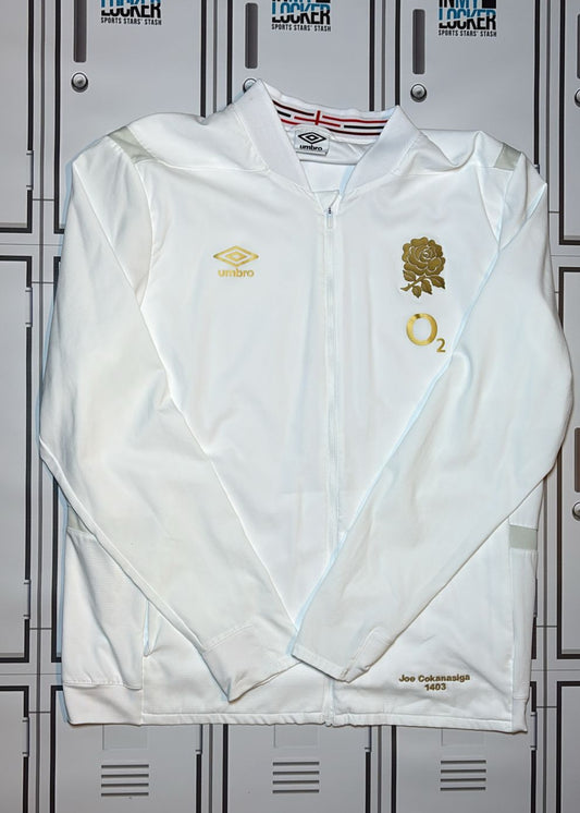 Joe Cokanasiga - England Rugby Anthem Jacket Named Joe Cokanasiga and Numbered 1403 [White with Gold Rose]