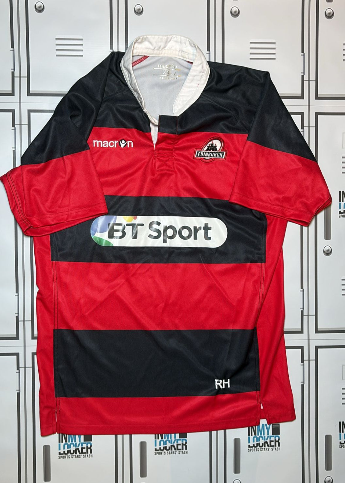 Robin Hislop - Edinburgh Rugby Macron Playing Shirt Initialled RH [Red and Black]